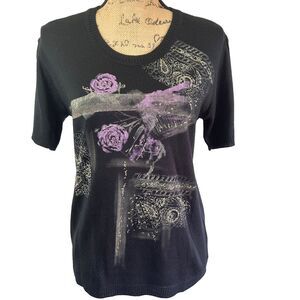 Raipan Womens Black Floral Print Short Sleeve Cotton Blend Sweater Sz 8/44 Italy